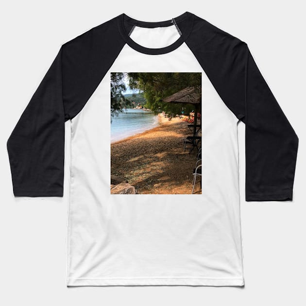 Scenic view on Mediterranean sea from beach cafe under fir trees and tiki bar Baseball T-Shirt by Khala